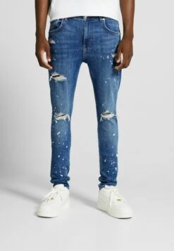 BERSHKA SuperRipped Paint SplatterJeans Slim FitDark Blue Uomo Jeans BEJ22G09S-K11