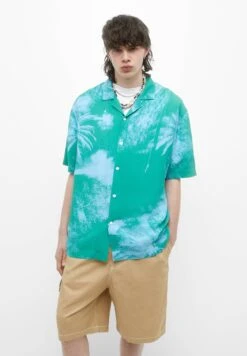 PULL & BEAR Short Sleeve Stwd Palm TreeCamiciaTurquoise Uomo Camicie PUC22D0JH-L11