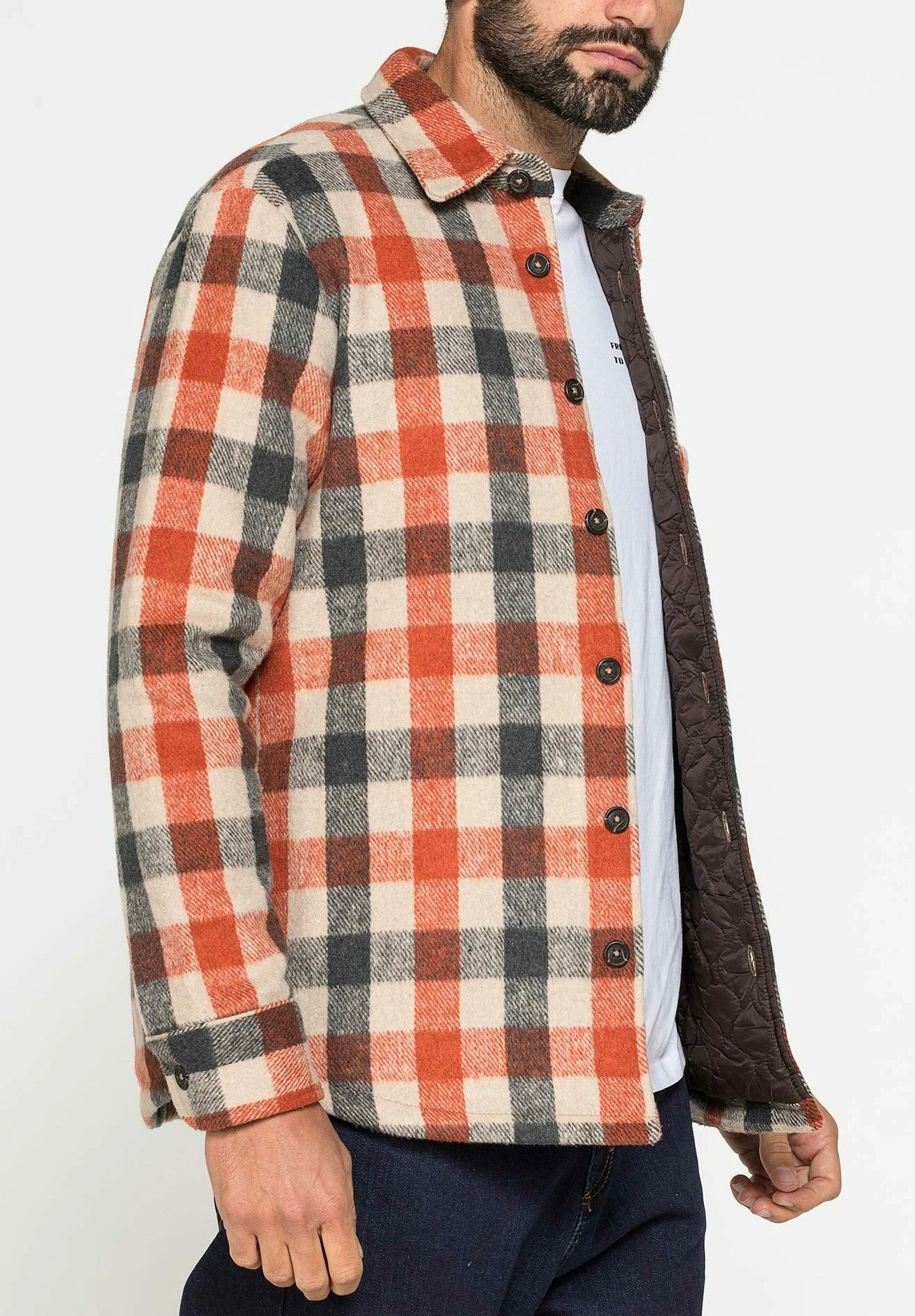 Fantasia A Quadri - Camicia - Arancione Beige Grigio 3 Fantasia A Quadri - Camicia - Arancione Beige Grigio - immagine 3